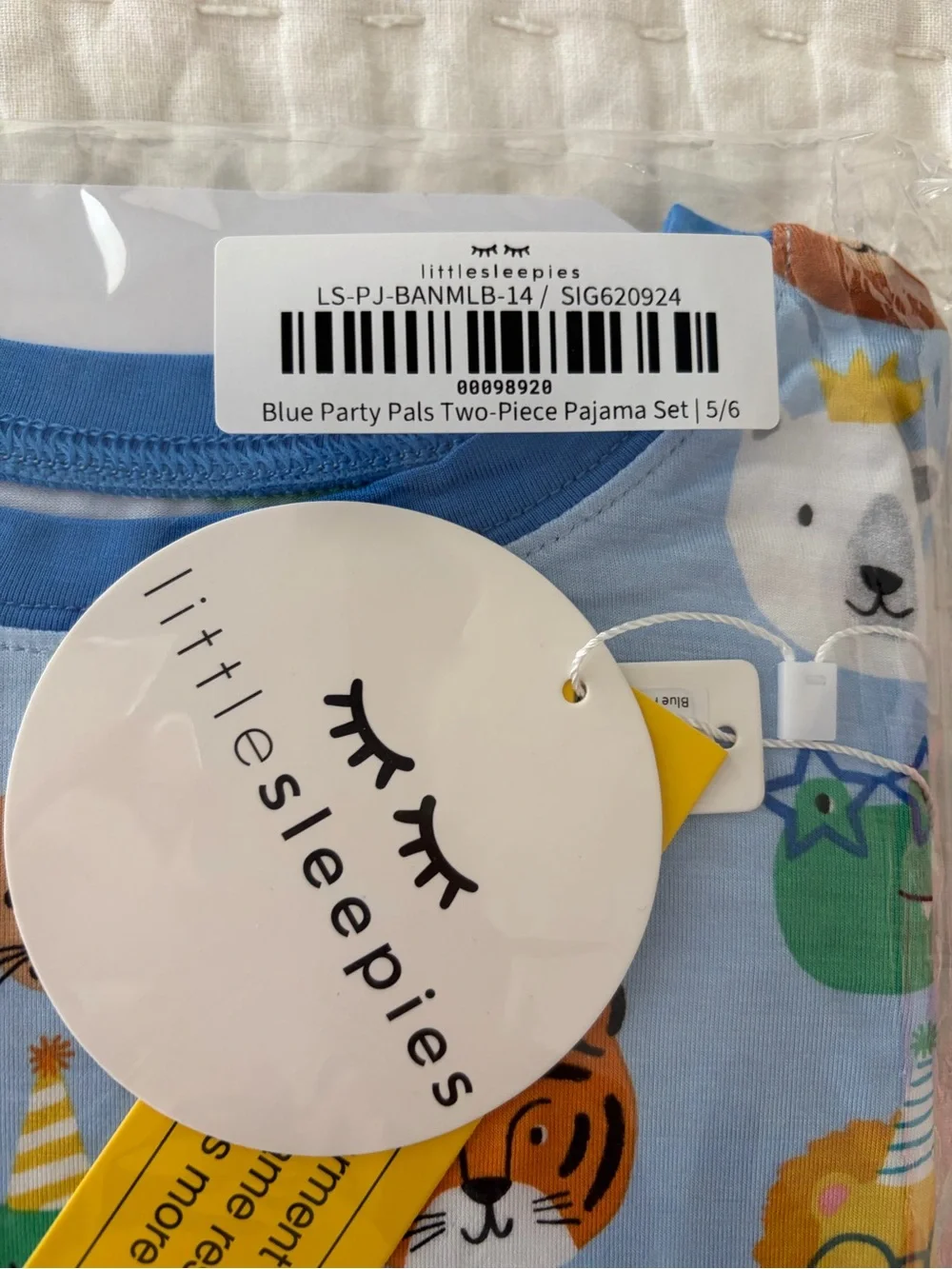 NIB Little Sleepies Bamboo Kids Light Blue Animal Party Pals Pajama Set Size 5/6
